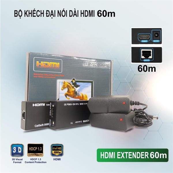 Bộ HDMI Extender 60Mét (by-cat5/cat6, có nguồn) - Bộ