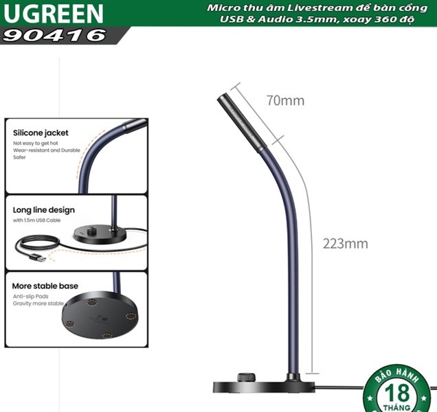 Micro thu âm Livestream để bàn cổng USB & Audio 3.5mm Ugreen 90416 CM564 - Cái Micro thu âm Livestream để bàn cổng USB & Audio 3.5mm Ugreen 90416 CM564 - Cái
