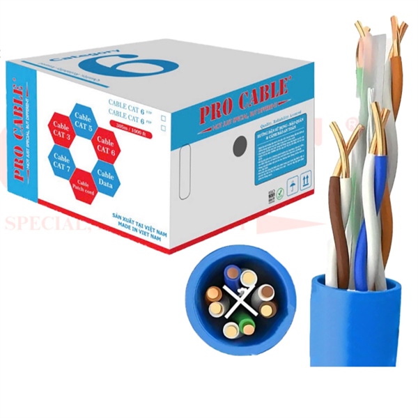 Cáp mạng ProCable CAT6 UTP (lõi đồng nguyên chất 4 đôi 24AWG, vỏ PVC màu xanh) - Thùng